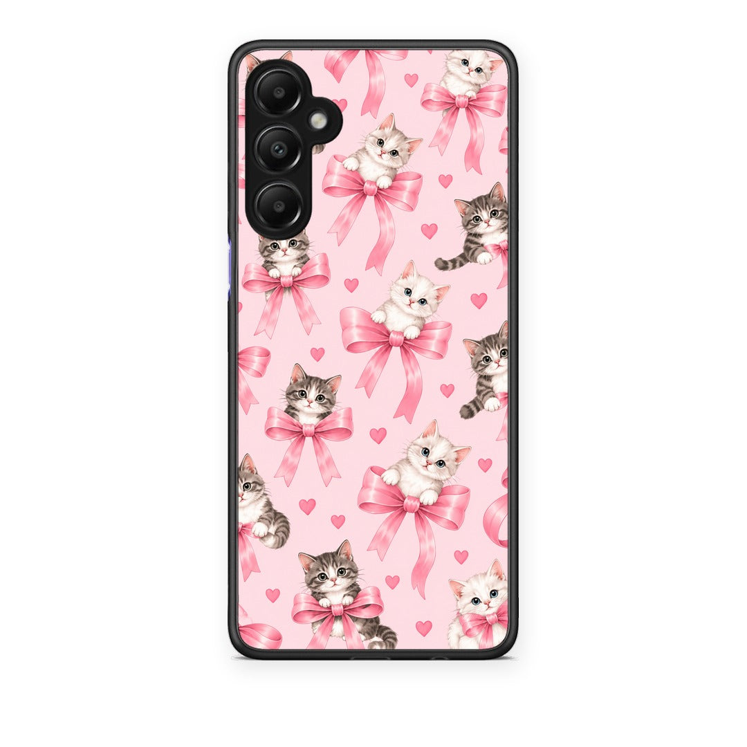 Θήκη Samsung Galaxy A05s Kittens and Pink Bows on Pink από τη Smartfits με σχέδιο στο πίσω μέρος και μαύρο περίβλημα | Samsung Galaxy A05s Kittens and Pink Bows on Pink case with colorful back and black bezels
