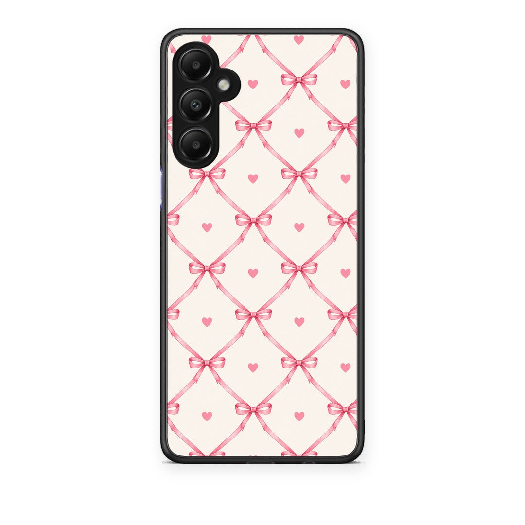 Θήκη Samsung Galaxy A05s Pink Bow Lattice and Hearts on Cream από τη Smartfits με σχέδιο στο πίσω μέρος και μαύρο περίβλημα | Samsung Galaxy A05s Pink Bow Lattice and Hearts on Cream case with colorful back and black bezels