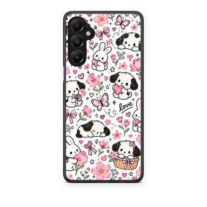 Θήκη Samsung Galaxy A05s Pink Florals Puppies and Bunnies on White από τη Smartfits με σχέδιο στο πίσω μέρος και μαύρο περίβλημα | Samsung Galaxy A05s Pink Florals Puppies and Bunnies on White case with colorful back and black bezels