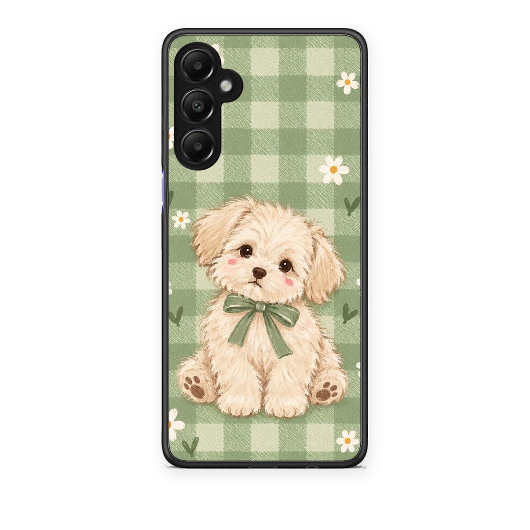 Θήκη Samsung Galaxy A05s Puppy and Daisies on Sage Gingham από τη Smartfits με σχέδιο στο πίσω μέρος και μαύρο περίβλημα | Samsung Galaxy A05s Puppy and Daisies on Sage Gingham case with colorful back and black bezels