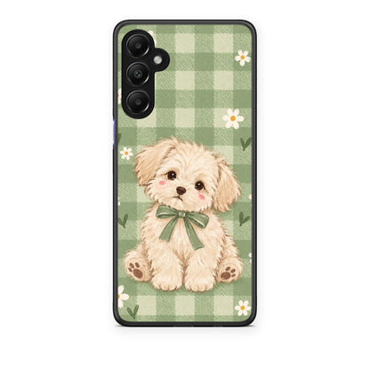 Θήκη Samsung Galaxy A05s Puppy and Daisies on Sage Gingham από τη Smartfits με σχέδιο στο πίσω μέρος και μαύρο περίβλημα | Samsung Galaxy A05s Puppy and Daisies on Sage Gingham case with colorful back and black bezels
