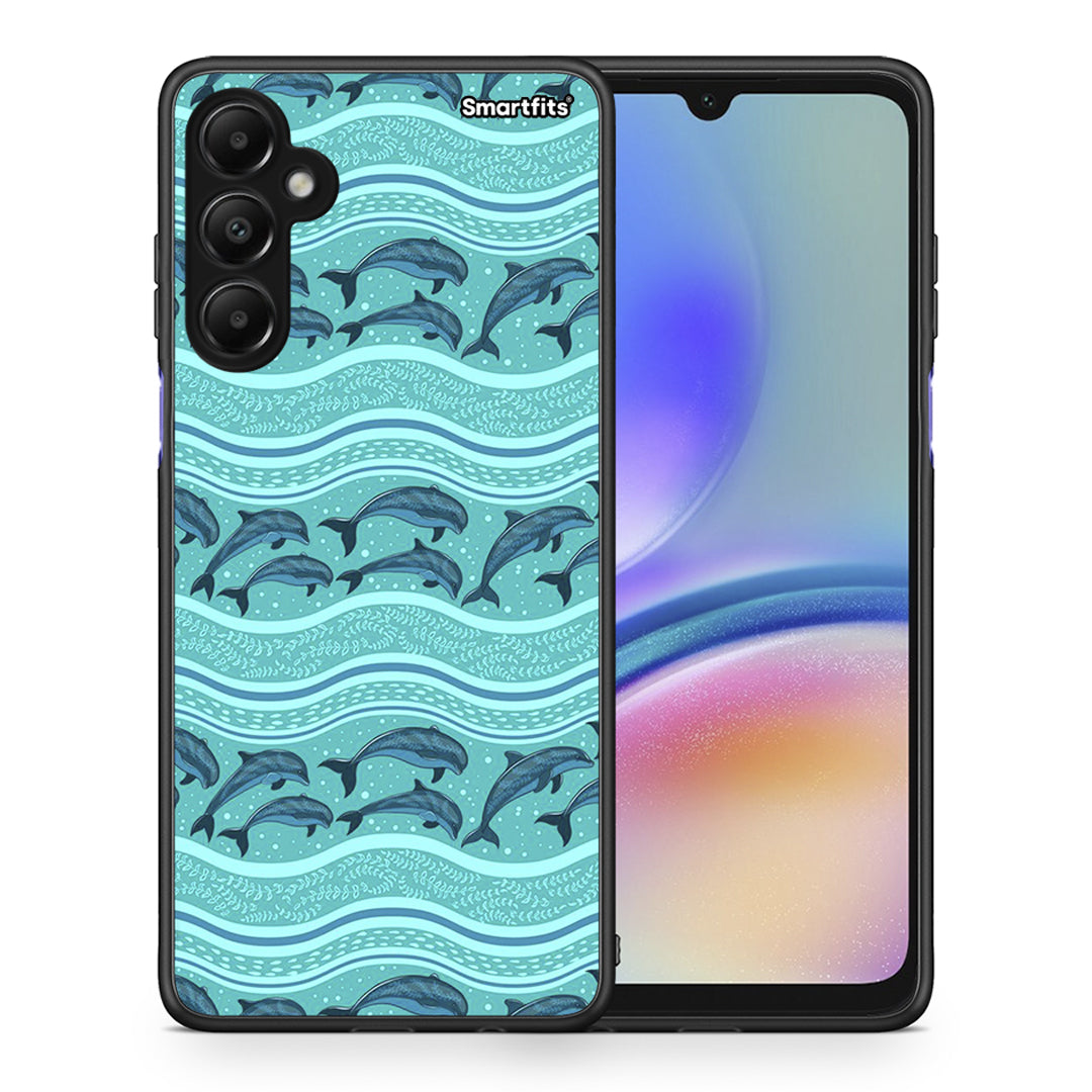 Θήκη Samsung Galaxy A05s Swimming Dolphins από τη Smartfits με σχέδιο στο πίσω μέρος και μαύρο περίβλημα | Samsung Galaxy A05s Swimming Dolphins case with colorful back and black bezels