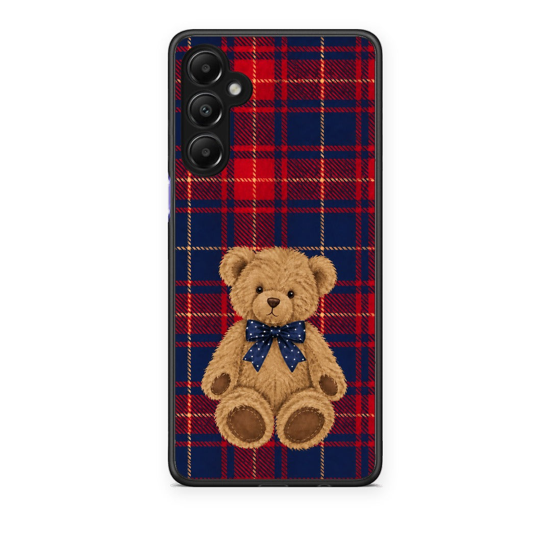 Θήκη Samsung Galaxy A05s Teddy Bear on Red and Navy Tartan από τη Smartfits με σχέδιο στο πίσω μέρος και μαύρο περίβλημα | Samsung Galaxy A05s Teddy Bear on Red and Navy Tartan case with colorful back and black bezels