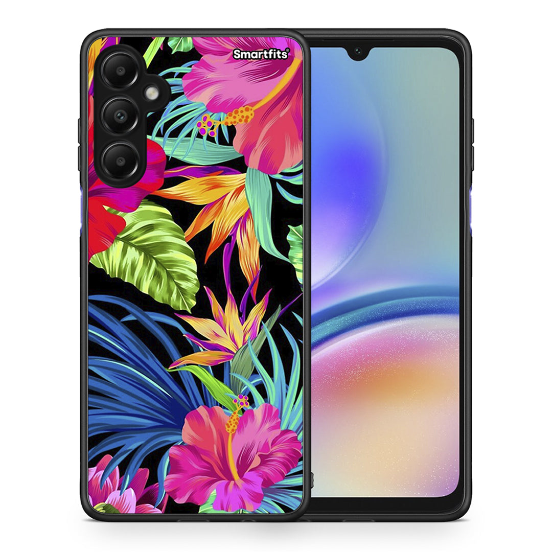 Θήκη Samsung Galaxy A05s Tropical Flowers από τη Smartfits με σχέδιο στο πίσω μέρος και μαύρο περίβλημα | Samsung Galaxy A05s Tropical Flowers case with colorful back and black bezels
