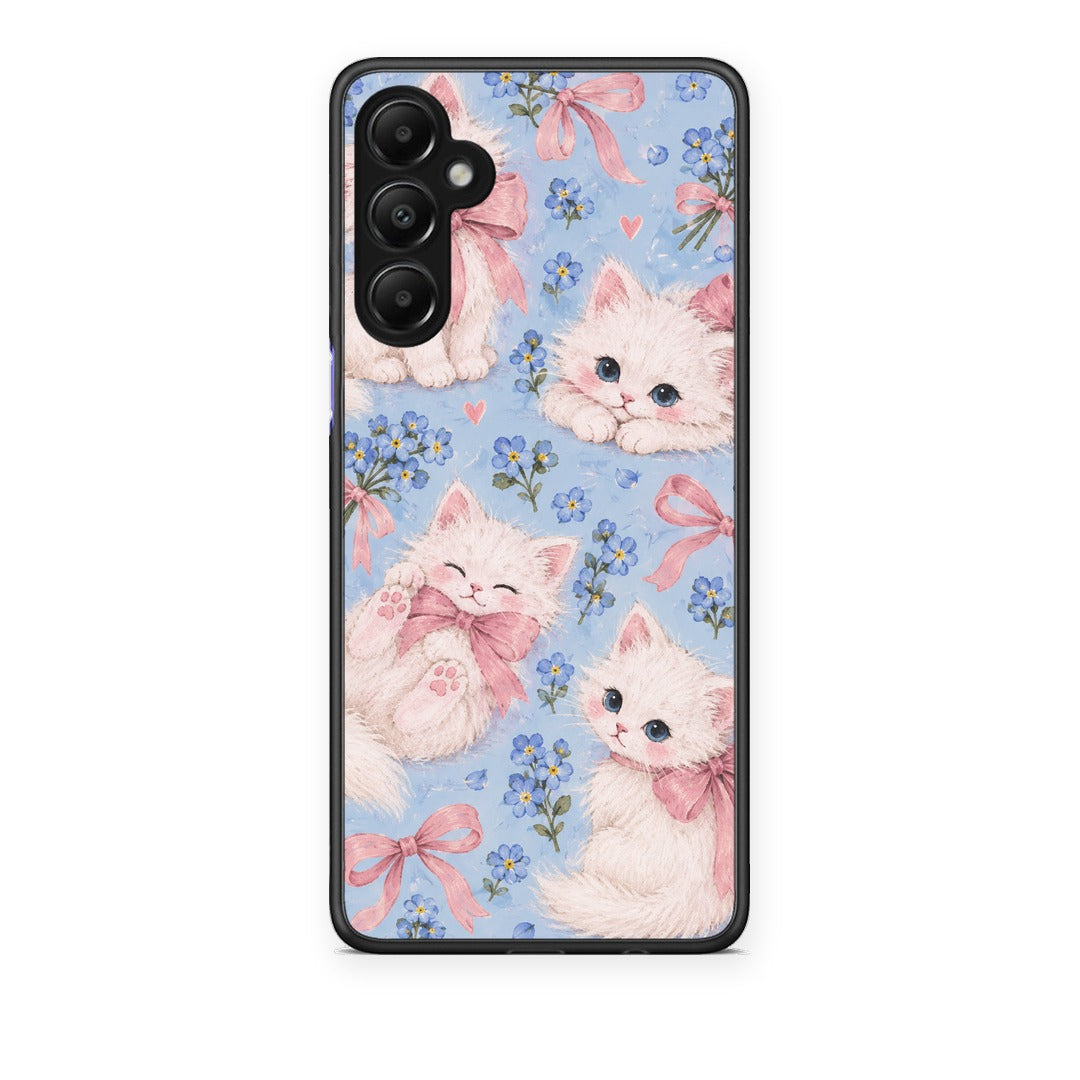 Θήκη Samsung Galaxy A05s White Kittens and Blue Flowers Large από τη Smartfits με σχέδιο στο πίσω μέρος και μαύρο περίβλημα | Samsung Galaxy A05s White Kittens and Blue Flowers Large case with colorful back and black bezels