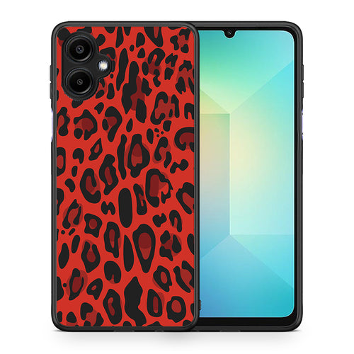 Θήκη Samsung Galaxy A06 Red Leopard Animal από τη Smartfits με σχέδιο στο πίσω μέρος και μαύρο περίβλημα | Samsung Galaxy A06 Red Leopard Animal case with colorful back and black bezels