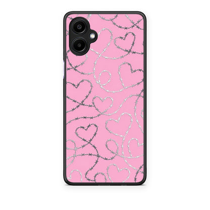 Θήκη Samsung Galaxy A06 Barbed Wire Hearts on Pink από τη Smartfits με σχέδιο στο πίσω μέρος και μαύρο περίβλημα | Samsung Galaxy A06 Barbed Wire Hearts on Pink case with colorful back and black bezels