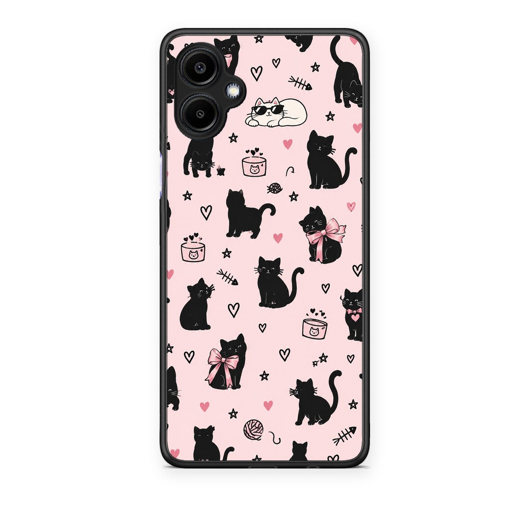 Θήκη Samsung Galaxy A06 Black Cat Doodles on Pink από τη Smartfits με σχέδιο στο πίσω μέρος και μαύρο περίβλημα | Samsung Galaxy A06 Black Cat Doodles on Pink case with colorful back and black bezels
