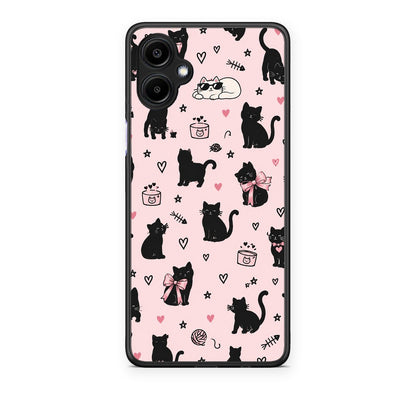 Θήκη Samsung Galaxy A06 Black Cat Doodles on Pink από τη Smartfits με σχέδιο στο πίσω μέρος και μαύρο περίβλημα | Samsung Galaxy A06 Black Cat Doodles on Pink case with colorful back and black bezels