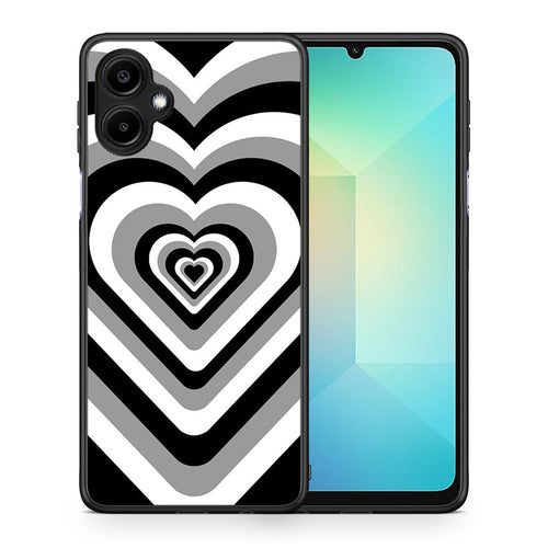 Θήκη Samsung Galaxy A06 Black Hearts από τη Smartfits με σχέδιο στο πίσω μέρος και μαύρο περίβλημα | Samsung Galaxy A06 Black Hearts case with colorful back and black bezels