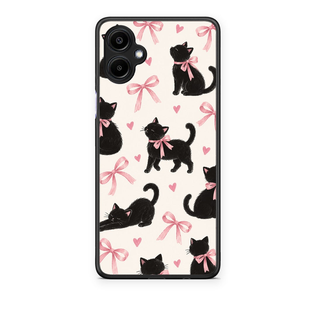 Θήκη Samsung Galaxy A06 Black Kittens and Pink Bows on Cream Large από τη Smartfits με σχέδιο στο πίσω μέρος και μαύρο περίβλημα | Samsung Galaxy A06 Black Kittens and Pink Bows on Cream Large case with colorful back and black bezels