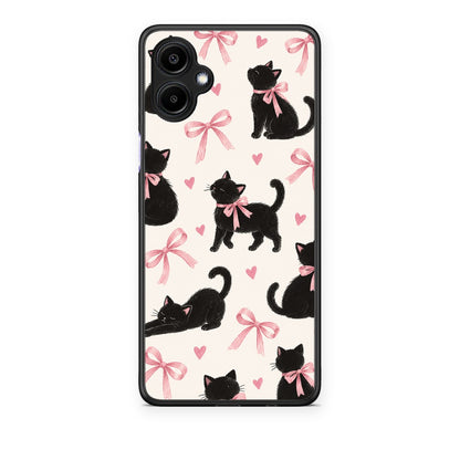Θήκη Samsung Galaxy A06 Black Kittens and Pink Bows on Cream Large από τη Smartfits με σχέδιο στο πίσω μέρος και μαύρο περίβλημα | Samsung Galaxy A06 Black Kittens and Pink Bows on Cream Large case with colorful back and black bezels