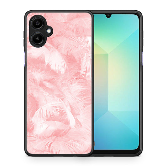Θήκη Samsung Galaxy A06 Pink Feather Boho από τη Smartfits με σχέδιο στο πίσω μέρος και μαύρο περίβλημα | Samsung Galaxy A06 Pink Feather Boho case with colorful back and black bezels