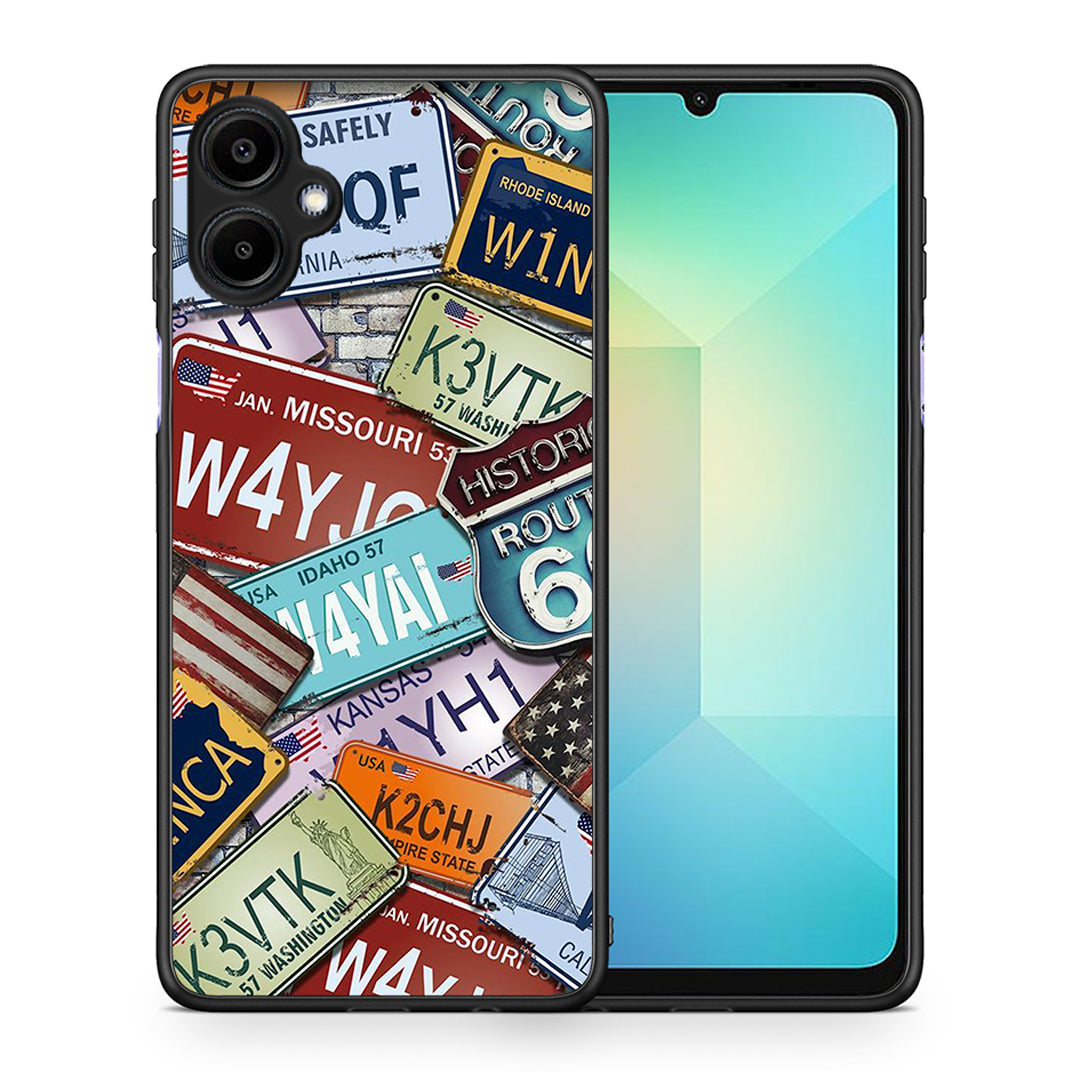 Θήκη Samsung Galaxy A06 Car Plates από τη Smartfits με σχέδιο στο πίσω μέρος και μαύρο περίβλημα | Samsung Galaxy A06 Car Plates case with colorful back and black bezels
