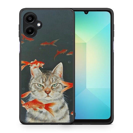 Θήκη Samsung Galaxy A06 Cat Goldfish από τη Smartfits με σχέδιο στο πίσω μέρος και μαύρο περίβλημα | Samsung Galaxy A06 Cat Goldfish case with colorful back and black bezels