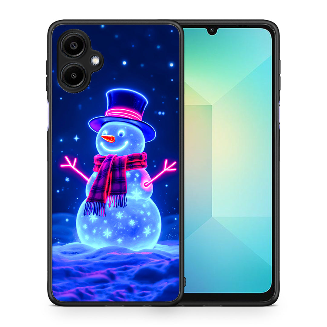 Θήκη Samsung Galaxy A06 Christmas Neon Snowman από τη Smartfits με σχέδιο στο πίσω μέρος και μαύρο περίβλημα | Samsung Galaxy A06 Christmas Neon Snowman case with colorful back and black bezels