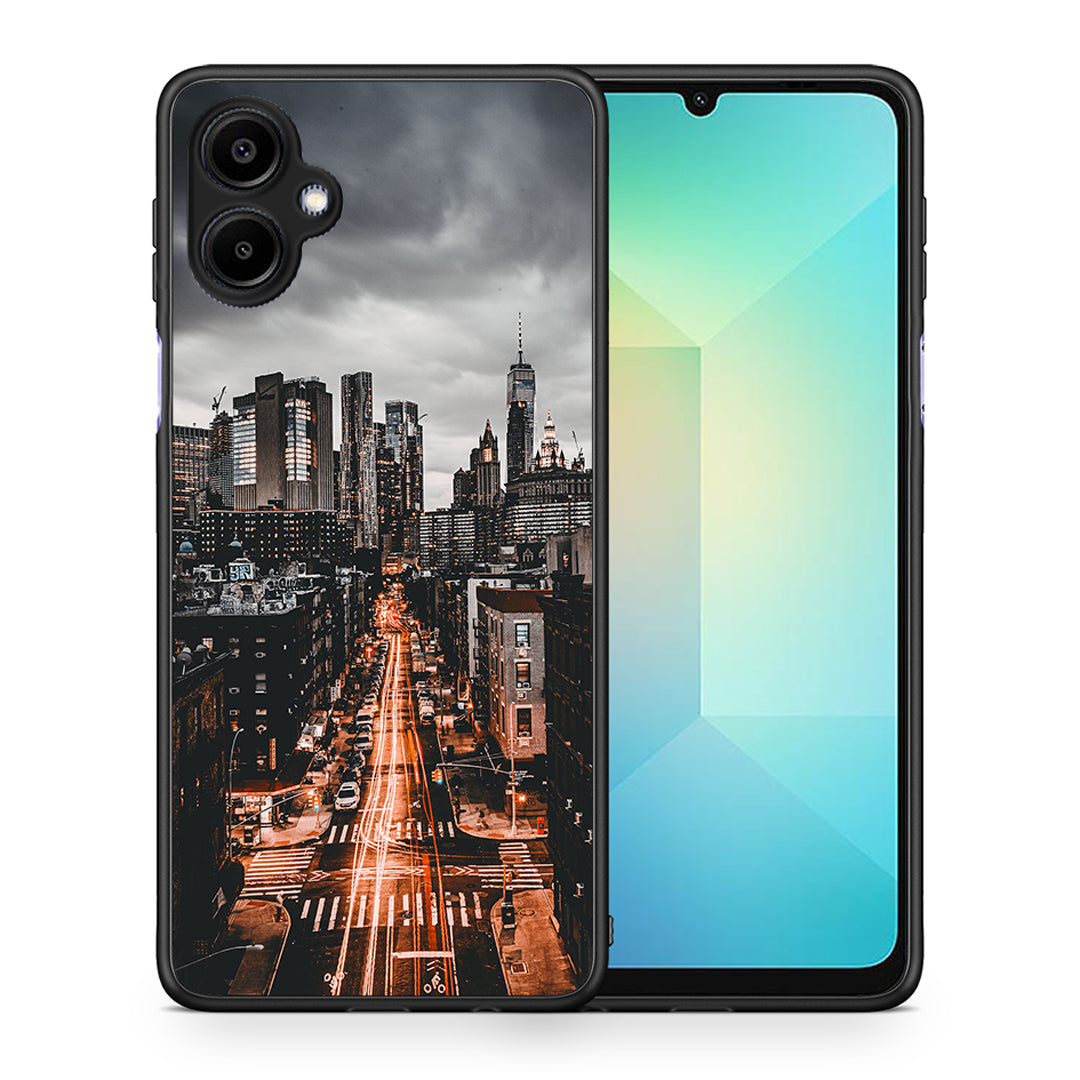 Θήκη Samsung Galaxy A06 City Lights από τη Smartfits με σχέδιο στο πίσω μέρος και μαύρο περίβλημα | Samsung Galaxy A06 City Lights case with colorful back and black bezels