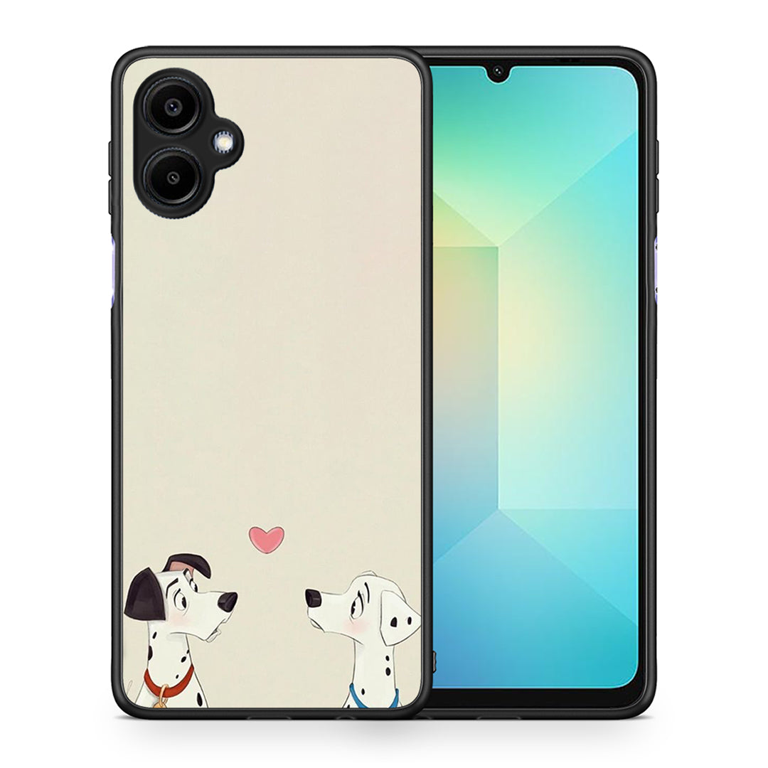 Θήκη Samsung Galaxy A06 Dalmatians Love από τη Smartfits με σχέδιο στο πίσω μέρος και μαύρο περίβλημα | Samsung Galaxy A06 Dalmatians Love case with colorful back and black bezels