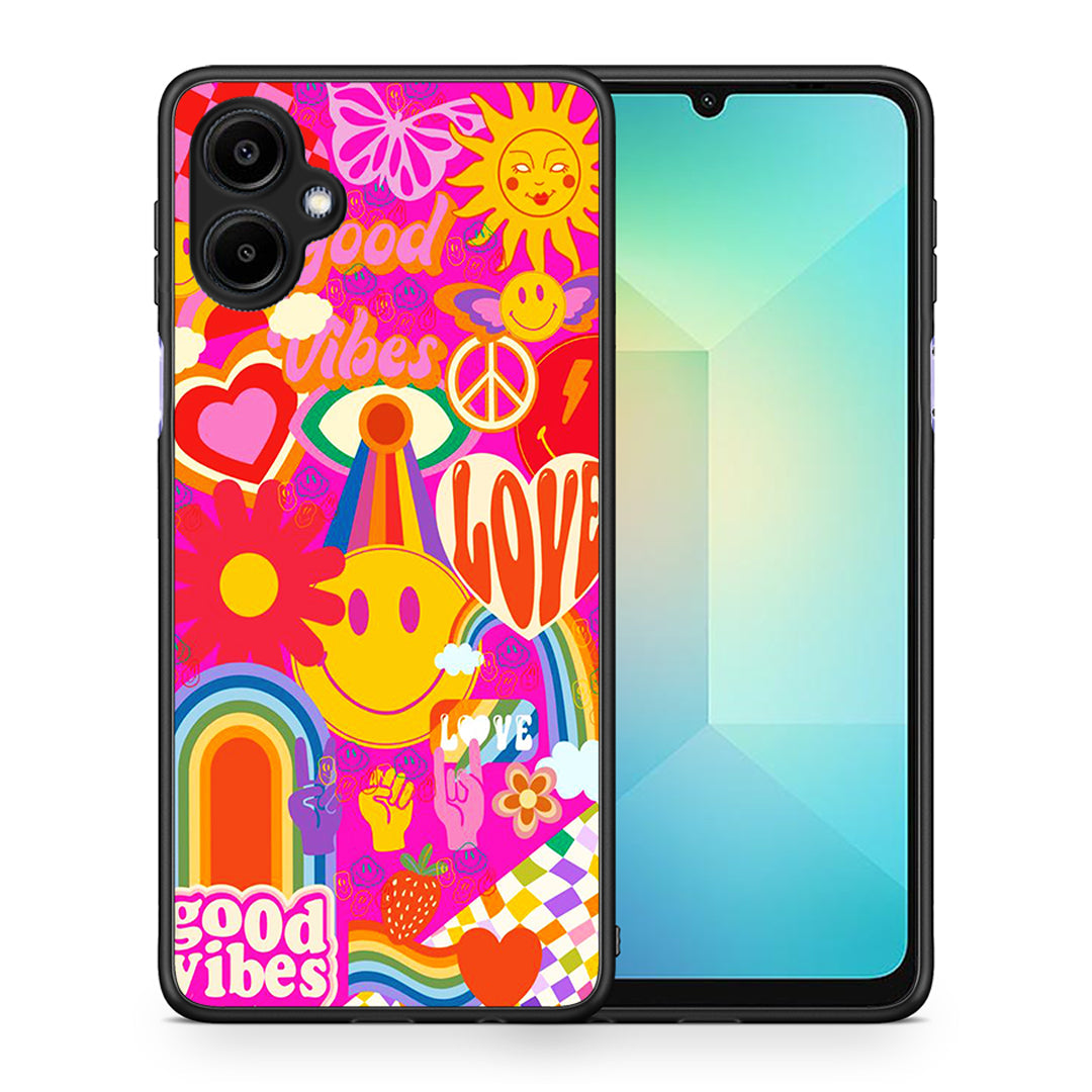 Θήκη Samsung Galaxy A06 Hippie Love από τη Smartfits με σχέδιο στο πίσω μέρος και μαύρο περίβλημα | Samsung Galaxy A06 Hippie Love case with colorful back and black bezels