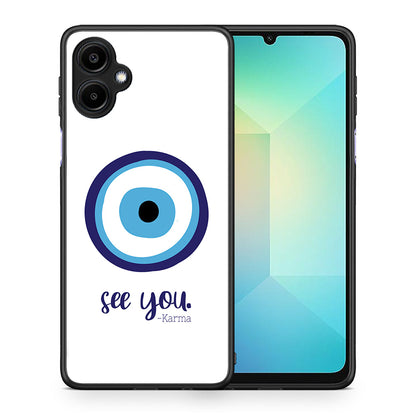 Θήκη Samsung Galaxy A06 Karma Says από τη Smartfits με σχέδιο στο πίσω μέρος και μαύρο περίβλημα | Samsung Galaxy A06 Karma Says case with colorful back and black bezels