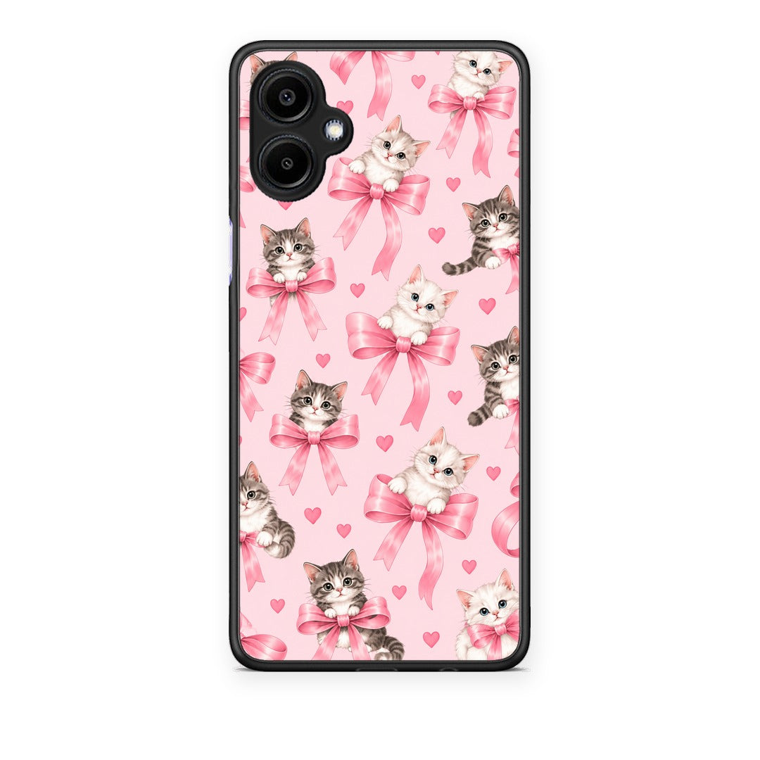 Θήκη Samsung Galaxy A06 Kittens and Pink Bows on Pink από τη Smartfits με σχέδιο στο πίσω μέρος και μαύρο περίβλημα | Samsung Galaxy A06 Kittens and Pink Bows on Pink case with colorful back and black bezels