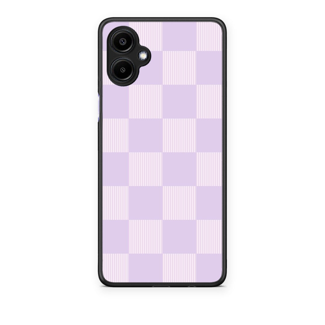 Θήκη Samsung Galaxy A06 Lilac and Cream Striped Checks από τη Smartfits με σχέδιο στο πίσω μέρος και μαύρο περίβλημα | Samsung Galaxy A06 Lilac and Cream Striped Checks case with colorful back and black bezels