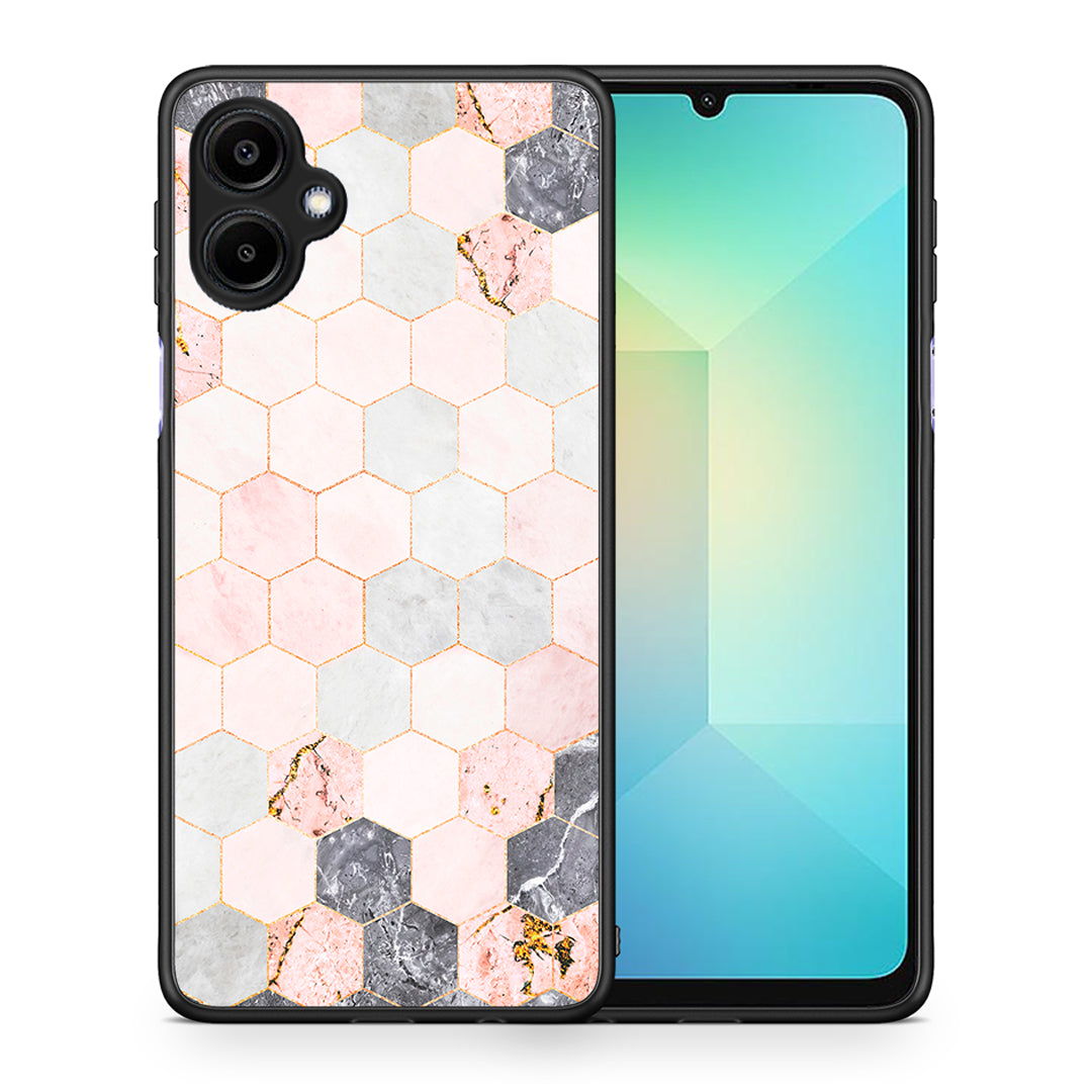 Θήκη Samsung Galaxy A06 Hexagon Pink Marble από τη Smartfits με σχέδιο στο πίσω μέρος και μαύρο περίβλημα | Samsung Galaxy A06 Hexagon Pink Marble case with colorful back and black bezels
