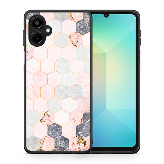 Θήκη Samsung Galaxy A06 Hexagon Pink Marble από τη Smartfits με σχέδιο στο πίσω μέρος και μαύρο περίβλημα | Samsung Galaxy A06 Hexagon Pink Marble case with colorful back and black bezels