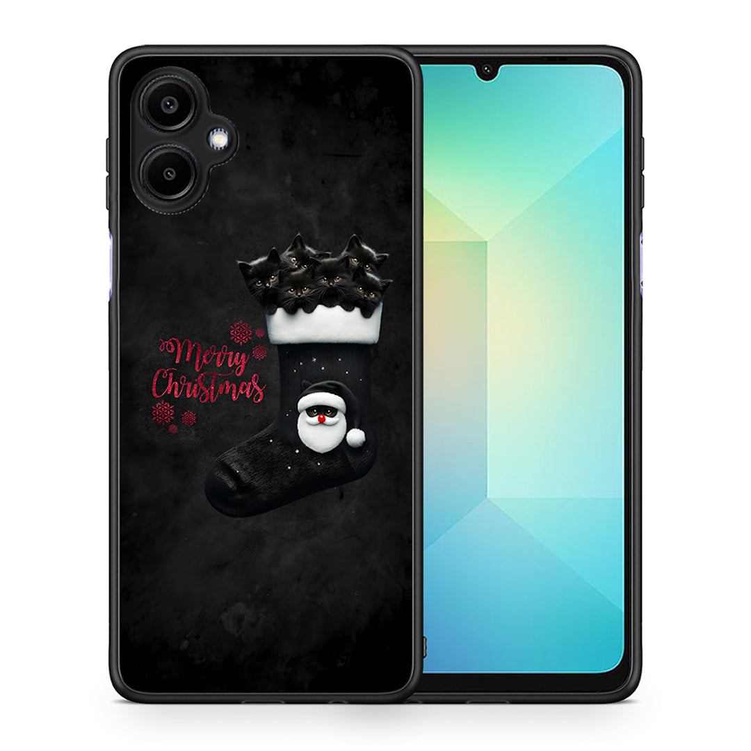 Θήκη Samsung Galaxy A06 Merry Cat Christmas από τη Smartfits με σχέδιο στο πίσω μέρος και μαύρο περίβλημα | Samsung Galaxy A06 Merry Cat Christmas case with colorful back and black bezels