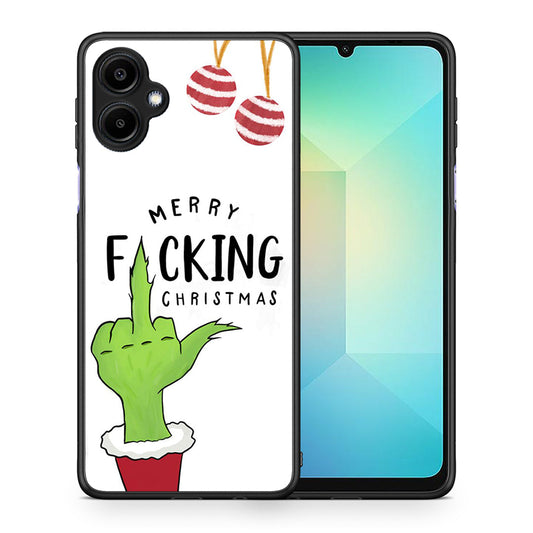 Θήκη Samsung Galaxy A06 Merry F Xmas από τη Smartfits με σχέδιο στο πίσω μέρος και μαύρο περίβλημα | Samsung Galaxy A06 Merry F Xmas case with colorful back and black bezels