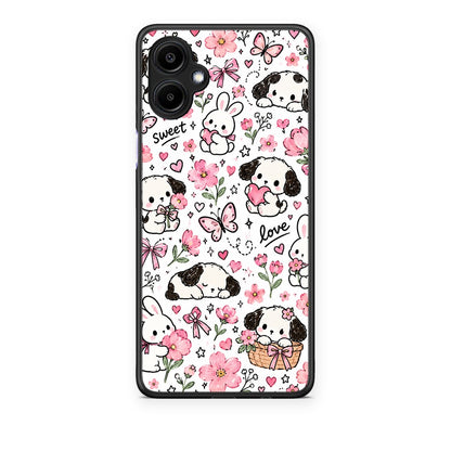 Θήκη Samsung Galaxy A06 Pink Florals Puppies and Bunnies on White από τη Smartfits με σχέδιο στο πίσω μέρος και μαύρο περίβλημα | Samsung Galaxy A06 Pink Florals Puppies and Bunnies on White case with colorful back and black bezels