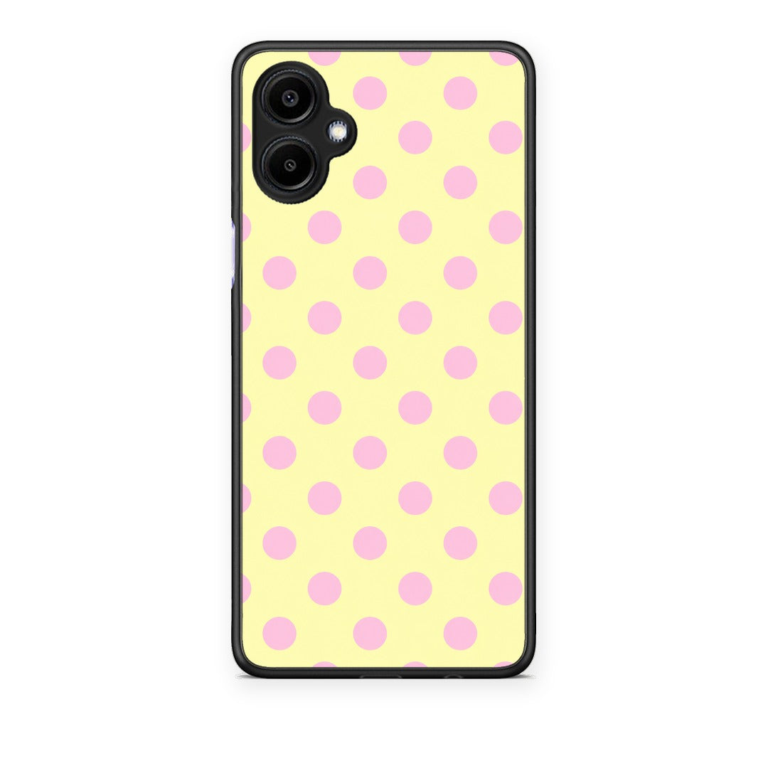 Θήκη Samsung Galaxy A06 Pink Polka Dots on Yellow από τη Smartfits με σχέδιο στο πίσω μέρος και μαύρο περίβλημα | Samsung Galaxy A06 Pink Polka Dots on Yellow case with colorful back and black bezels