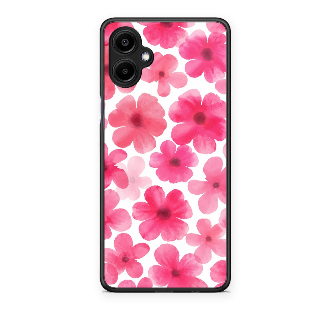 Θήκη Samsung Galaxy A06 Pink Watercolour Flowers on White από τη Smartfits με σχέδιο στο πίσω μέρος και μαύρο περίβλημα | Samsung Galaxy A06 Pink Watercolour Flowers on White case with colorful back and black bezels
