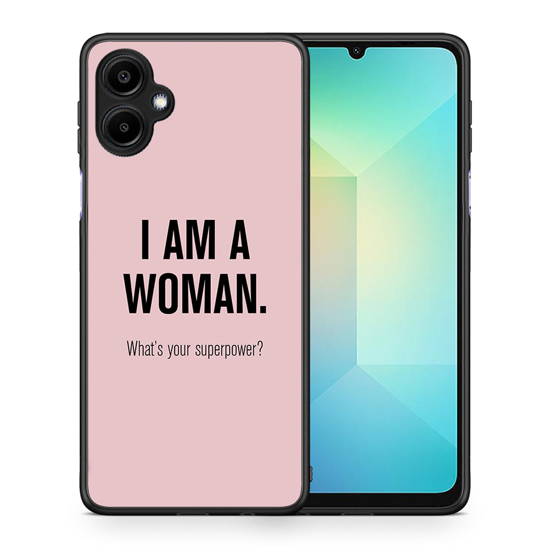 Θήκη Samsung Galaxy A06 Superpower Woman από τη Smartfits με σχέδιο στο πίσω μέρος και μαύρο περίβλημα | Samsung Galaxy A06 Superpower Woman case with colorful back and black bezels