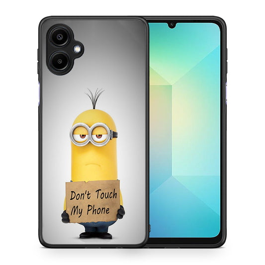 Θήκη Samsung Galaxy A06 Minion Text από τη Smartfits με σχέδιο στο πίσω μέρος και μαύρο περίβλημα | Samsung Galaxy A06 Minion Text case with colorful back and black bezels