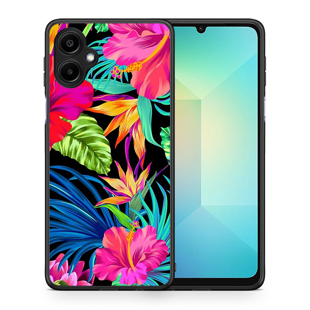 Θήκη Samsung Galaxy A06 Tropical Flowers από τη Smartfits με σχέδιο στο πίσω μέρος και μαύρο περίβλημα | Samsung Galaxy A06 Tropical Flowers case with colorful back and black bezels