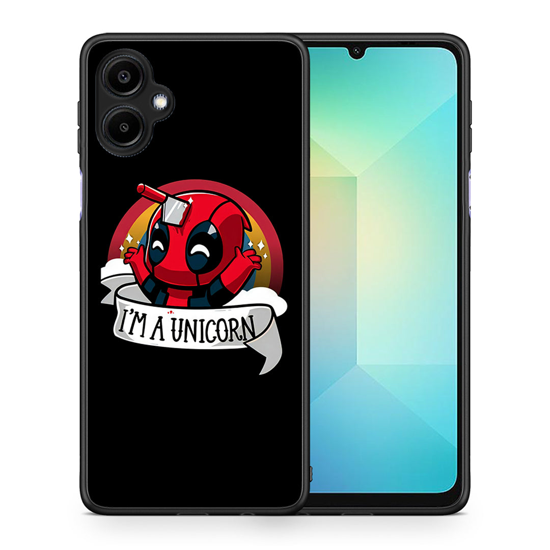 Θήκη Samsung Galaxy A06 Unicorn Deadpool από τη Smartfits με σχέδιο στο πίσω μέρος και μαύρο περίβλημα | Samsung Galaxy A06 Unicorn Deadpool case with colorful back and black bezels