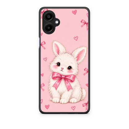 Θήκη Samsung Galaxy A06 White Bunny and Pink Bows από τη Smartfits με σχέδιο στο πίσω μέρος και μαύρο περίβλημα | Samsung Galaxy A06 White Bunny and Pink Bows case with colorful back and black bezels