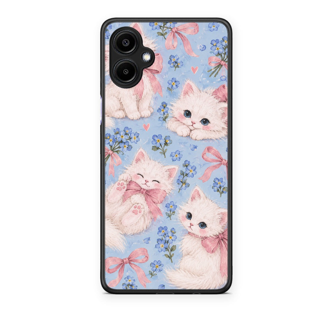 Θήκη Samsung Galaxy A06 White Kittens and Blue Flowers Large από τη Smartfits με σχέδιο στο πίσω μέρος και μαύρο περίβλημα | Samsung Galaxy A06 White Kittens and Blue Flowers Large case with colorful back and black bezels