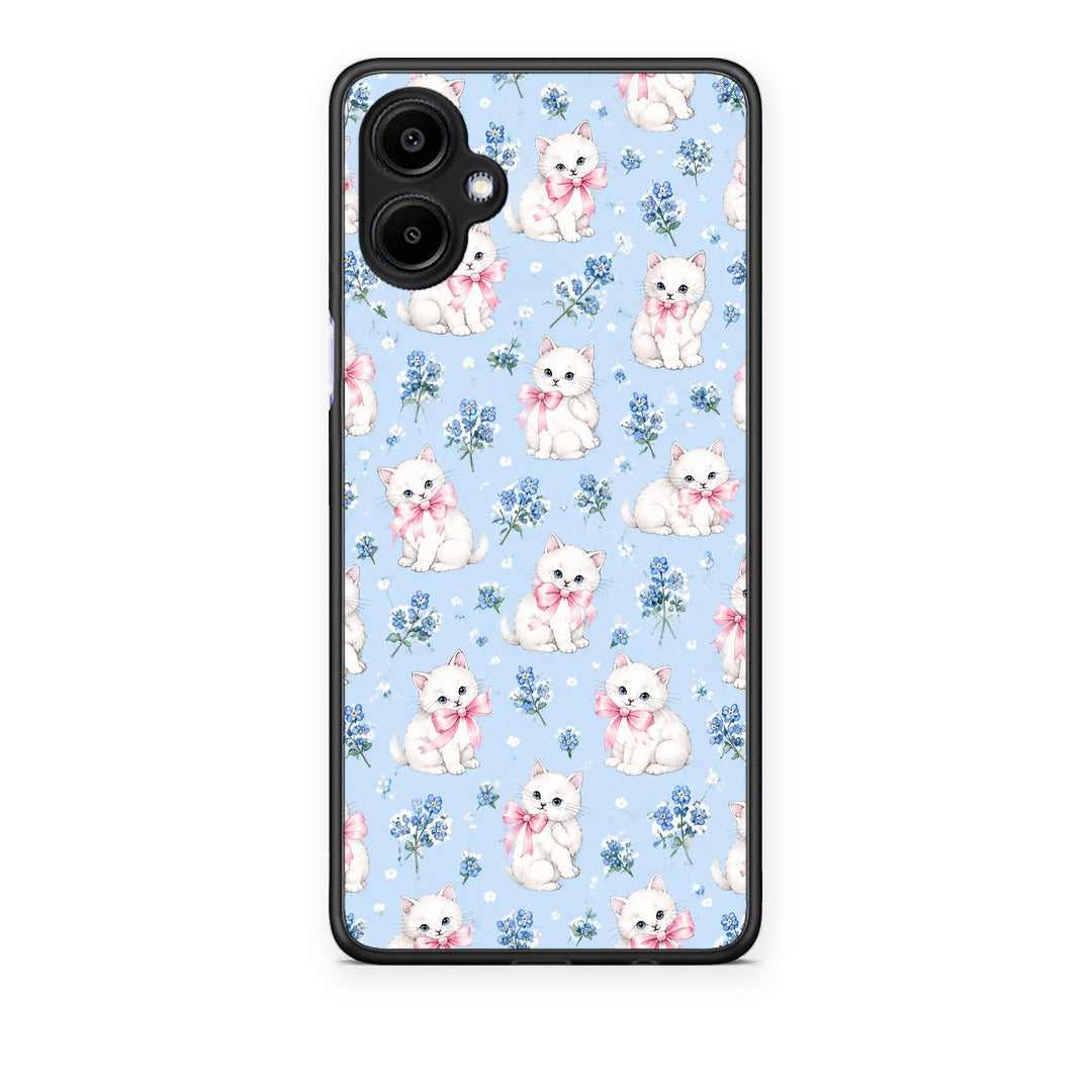 Θήκη Samsung Galaxy A06 White Kittens and Blue Flowers Small από τη Smartfits με σχέδιο στο πίσω μέρος και μαύρο περίβλημα | Samsung Galaxy A06 White Kittens and Blue Flowers Small case with colorful back and black bezels