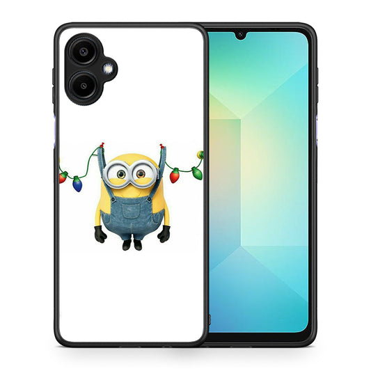 Θήκη Samsung Galaxy A06 Xmas Minion Lights από τη Smartfits με σχέδιο στο πίσω μέρος και μαύρο περίβλημα | Samsung Galaxy A06 Xmas Minion Lights case with colorful back and black bezels