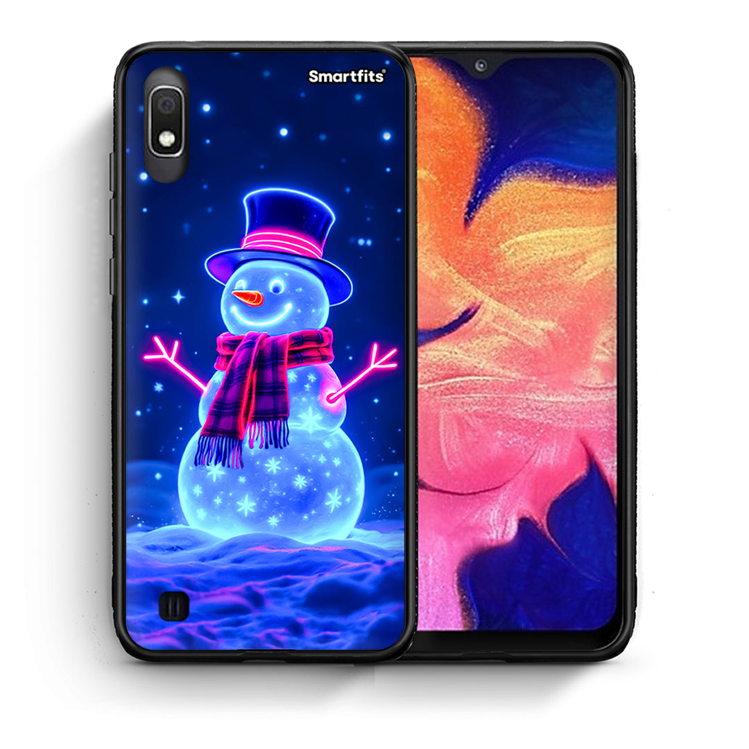 Θήκη Samsung A10 Christmas Neon Snowman από τη Smartfits με σχέδιο στο πίσω μέρος και μαύρο περίβλημα | Samsung A10 Christmas Neon Snowman case with colorful back and black bezels