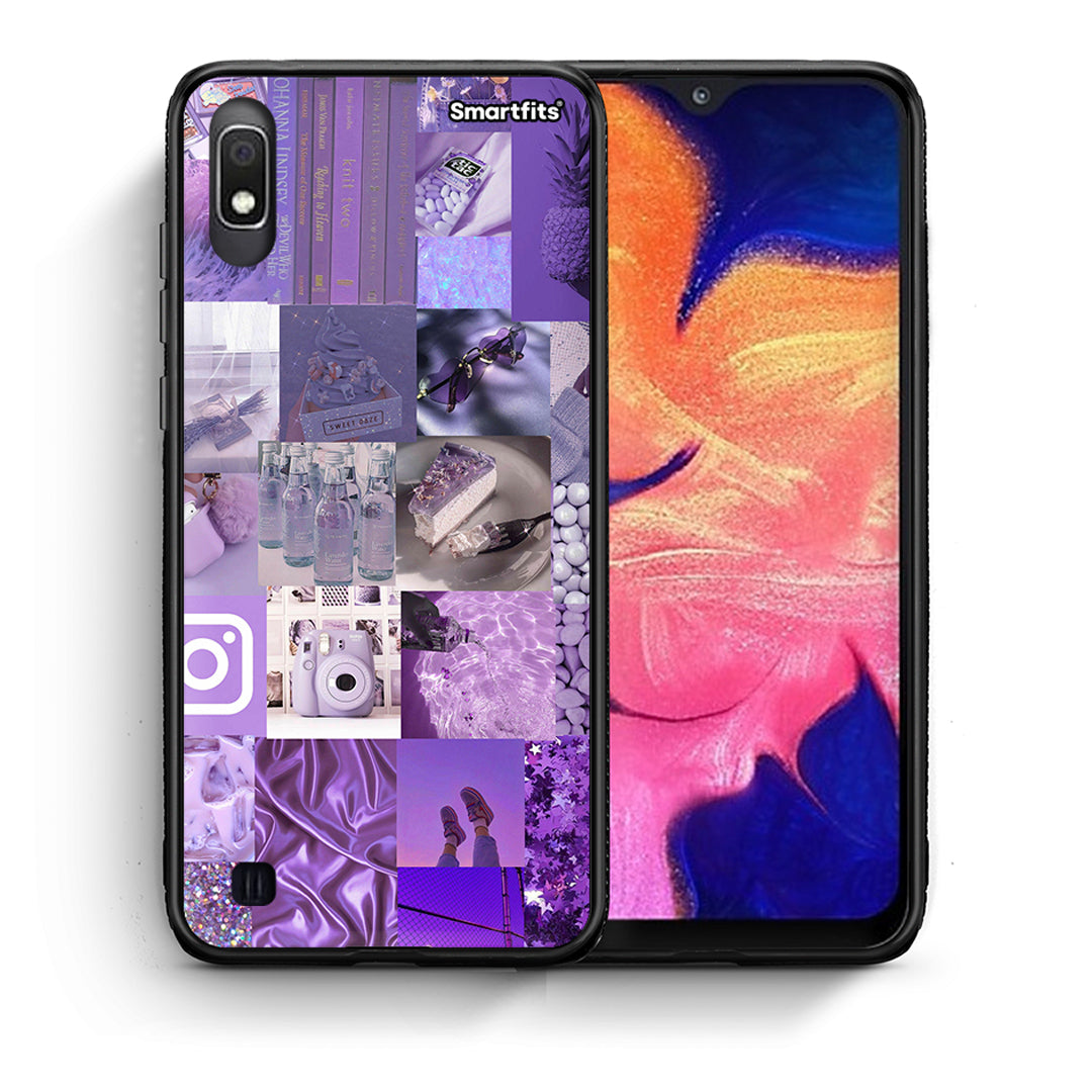 Θήκη Samsung A10 Purple Aesthetic Collage από τη Smartfits με σχέδιο στο πίσω μέρος και μαύρο περίβλημα | Samsung A10 Purple Aesthetic Collage case with colorful back and black bezels