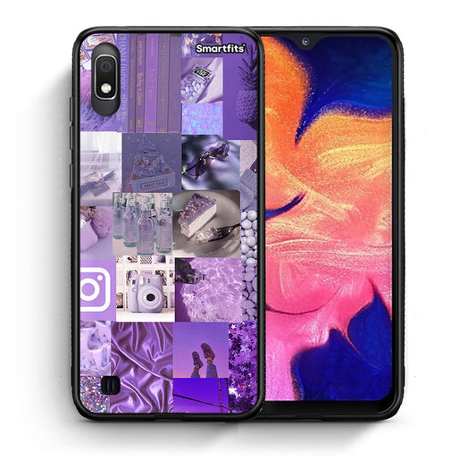 Θήκη Samsung A10 Purple Aesthetic Collage από τη Smartfits με σχέδιο στο πίσω μέρος και μαύρο περίβλημα | Samsung A10 Purple Aesthetic Collage case with colorful back and black bezels