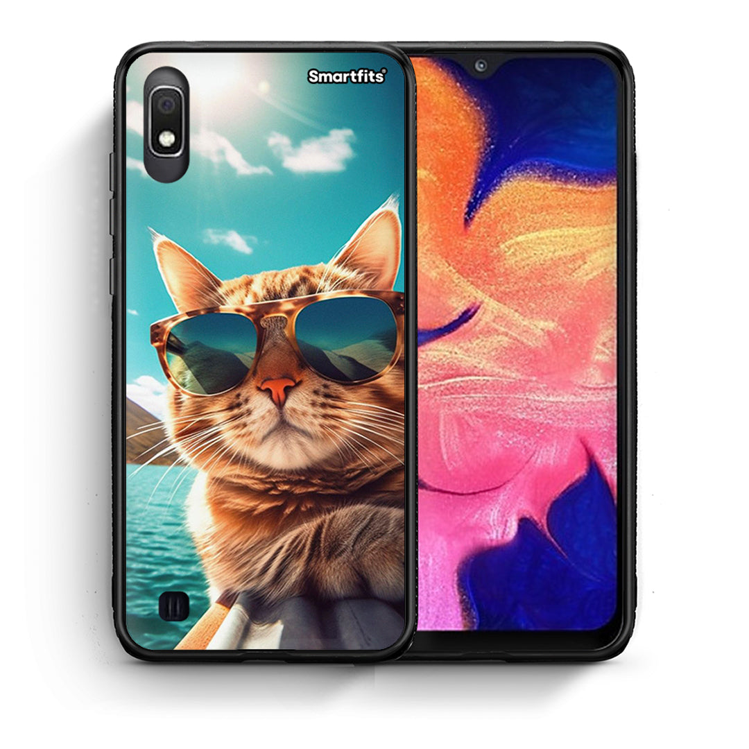 Θήκη Samsung A10 Summer Cat από τη Smartfits με σχέδιο στο πίσω μέρος και μαύρο περίβλημα | Samsung A10 Summer Cat case with colorful back and black bezels