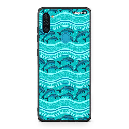 Samsung A11/M11 Swimming Dolphins θήκη από τη Smartfits με σχέδιο στο πίσω μέρος και μαύρο περίβλημα | Smartphone case with colorful back and black bezels by Smartfits