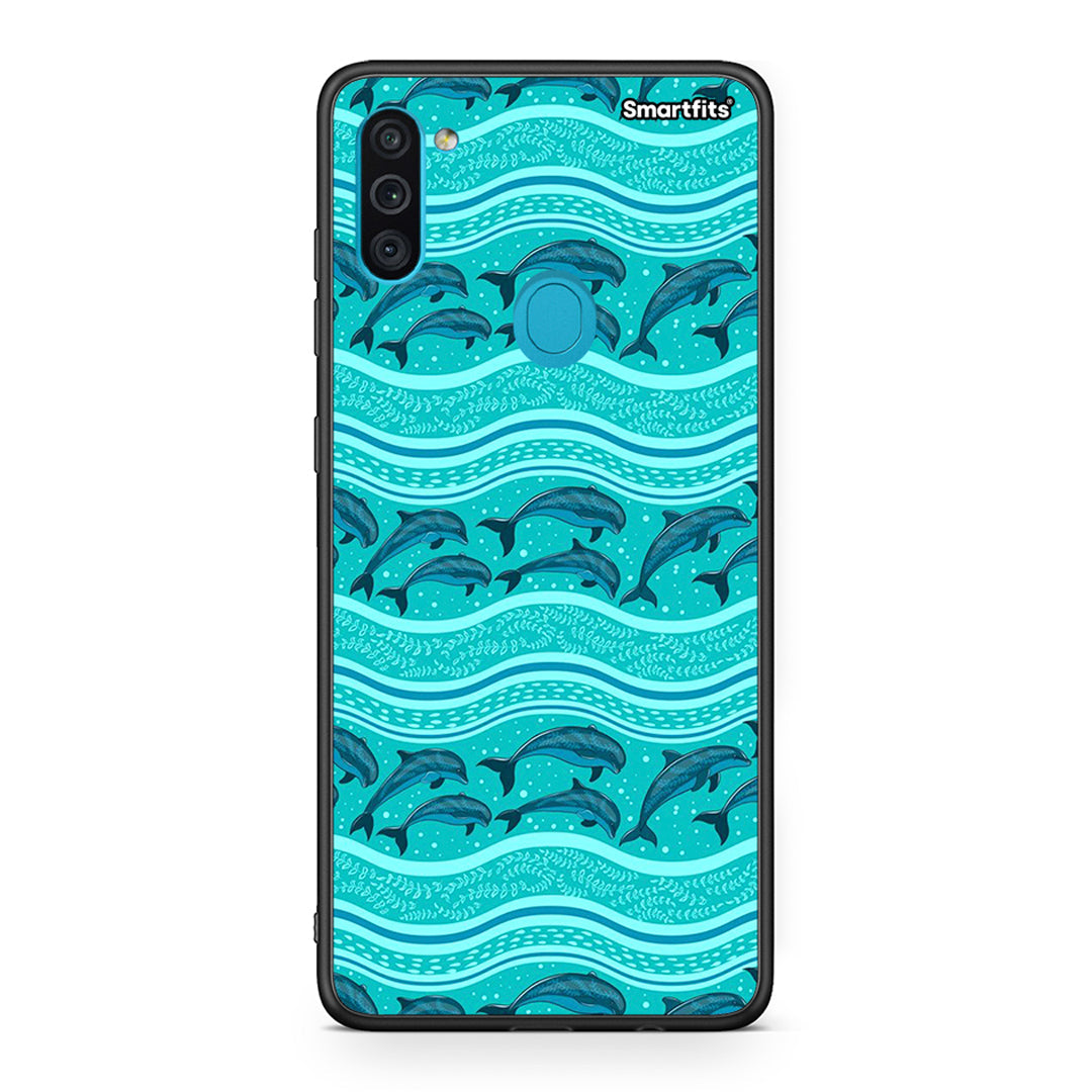 Samsung A11/M11 Swimming Dolphins θήκη από τη Smartfits με σχέδιο στο πίσω μέρος και μαύρο περίβλημα | Smartphone case with colorful back and black bezels by Smartfits