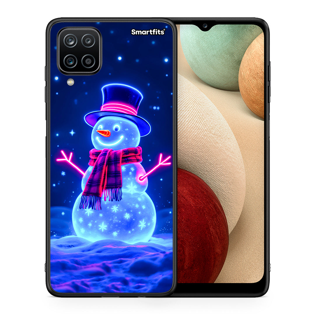 Θήκη Samsung A12 Christmas Neon Snowman από τη Smartfits με σχέδιο στο πίσω μέρος και μαύρο περίβλημα | Samsung A12 Christmas Neon Snowman case with colorful back and black bezels