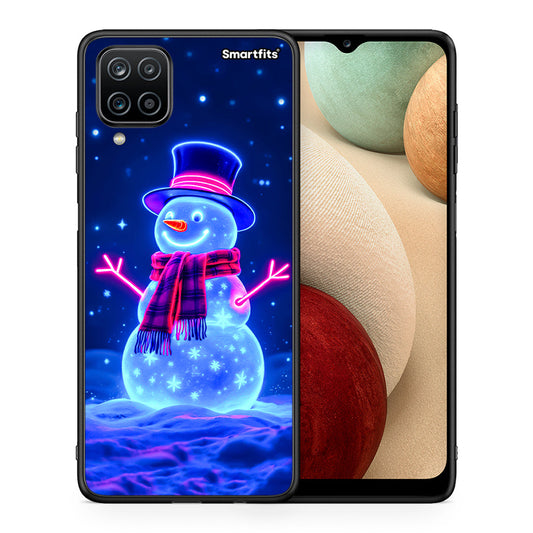 Θήκη Samsung A12 Christmas Neon Snowman από τη Smartfits με σχέδιο στο πίσω μέρος και μαύρο περίβλημα | Samsung A12 Christmas Neon Snowman case with colorful back and black bezels