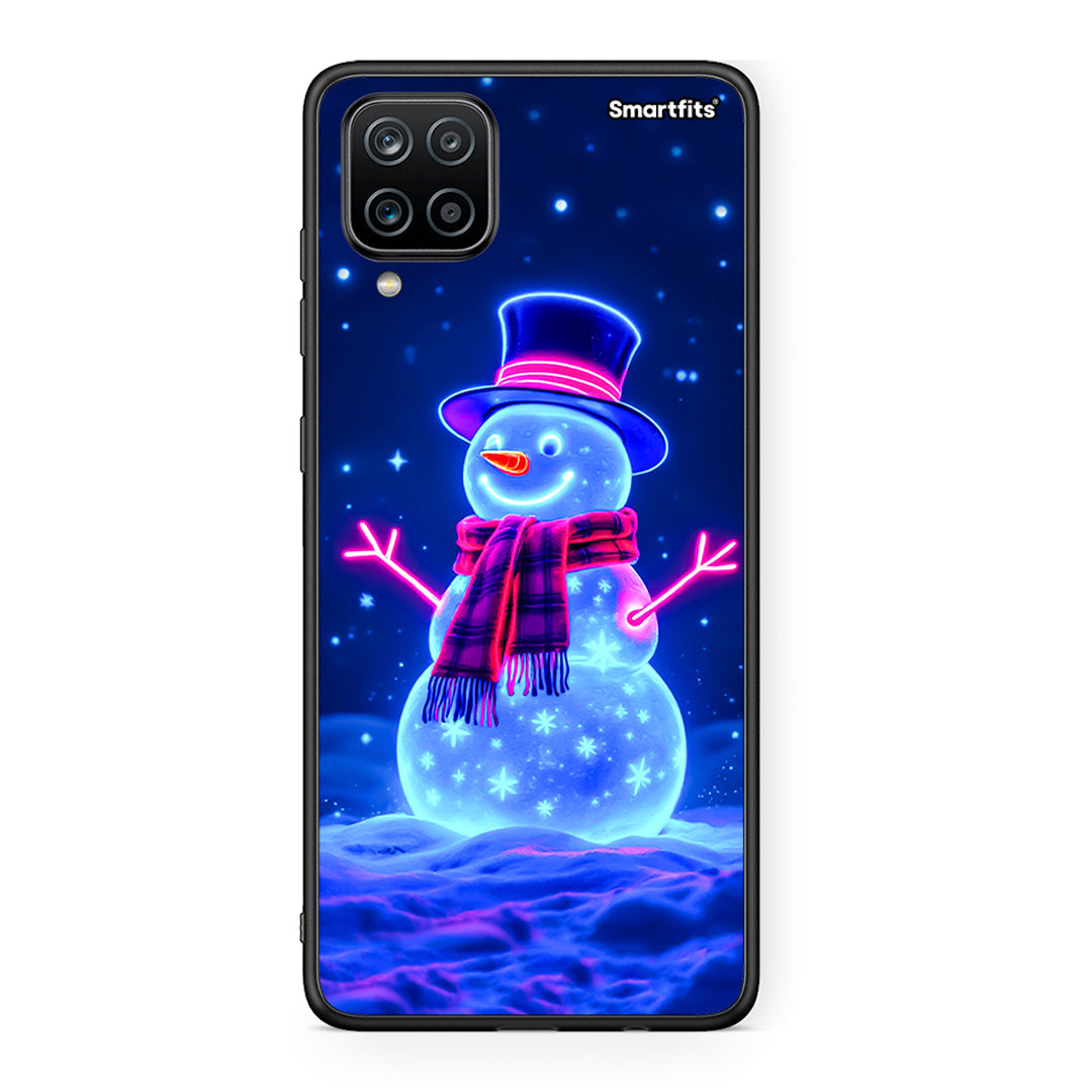 Samsung A12 Christmas Neon Snowman θήκη από τη Smartfits με σχέδιο στο πίσω μέρος και μαύρο περίβλημα | Smartphone case with colorful back and black bezels by Smartfits